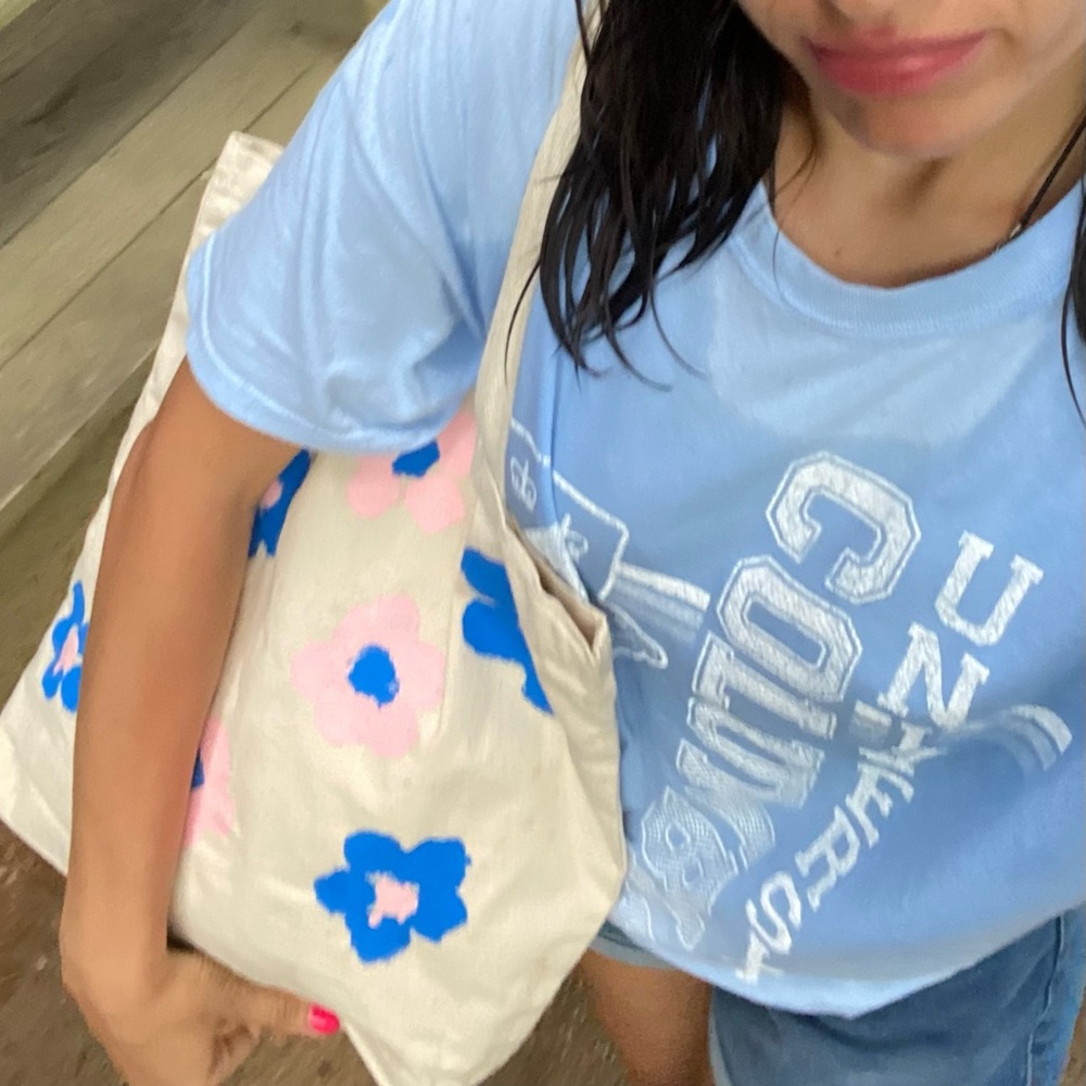 Hand painted daisy tote bag blue and pink